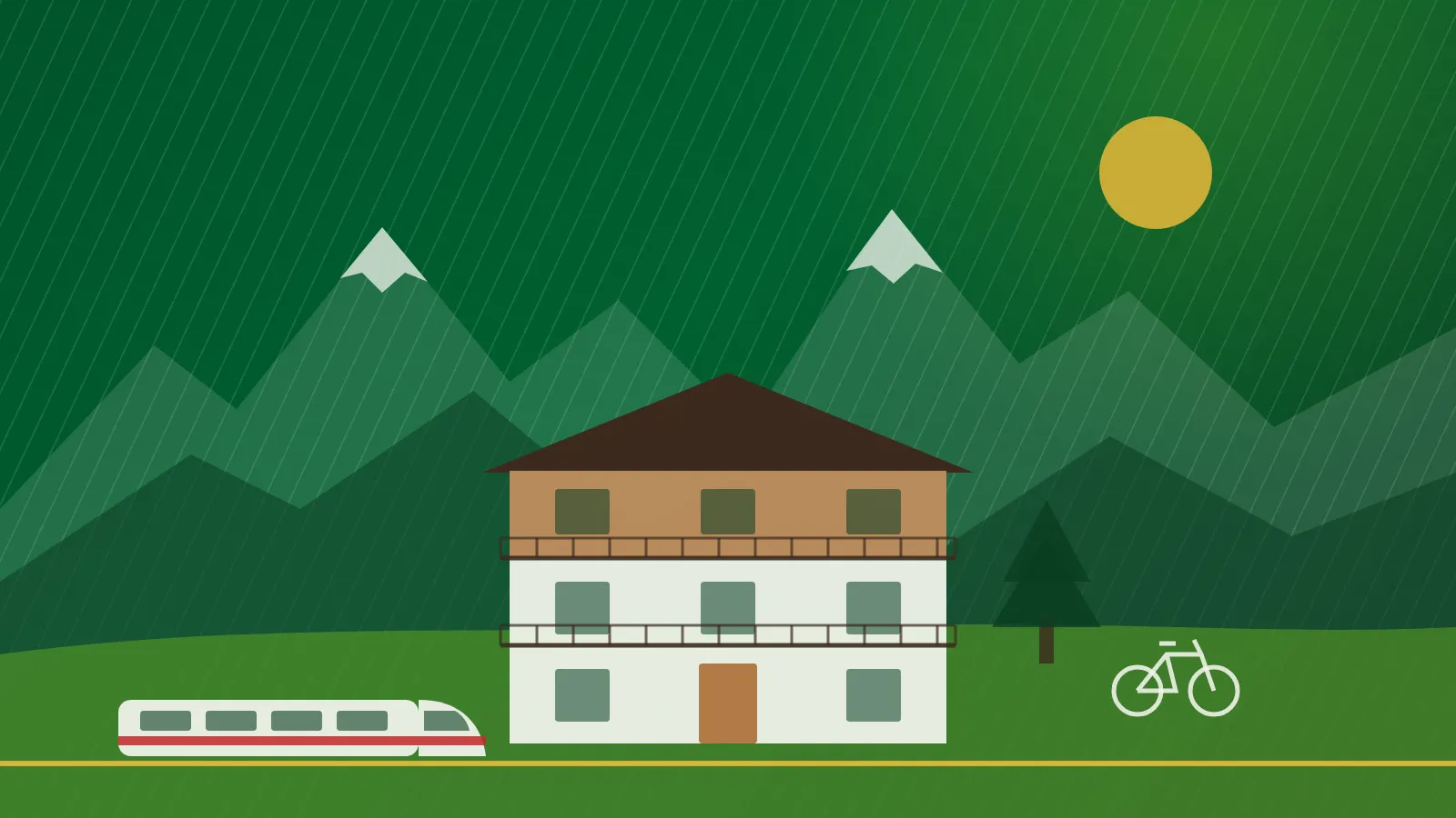 Haus mit Holzbalkonen vor verschneiten Bergen, davor ein Zug und ein Fahrrad, Illustration
